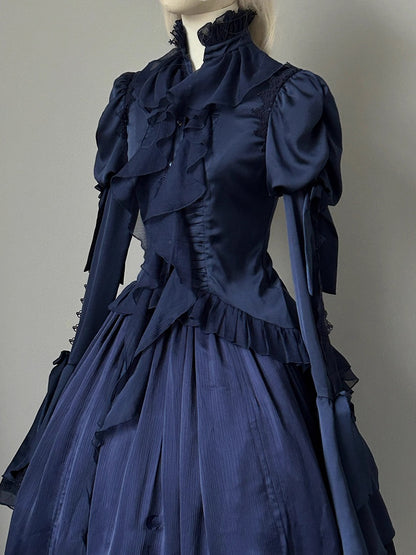 Dark Blue Long Sleeves with Flounce Cuffs Gothic Lolita  Blouse