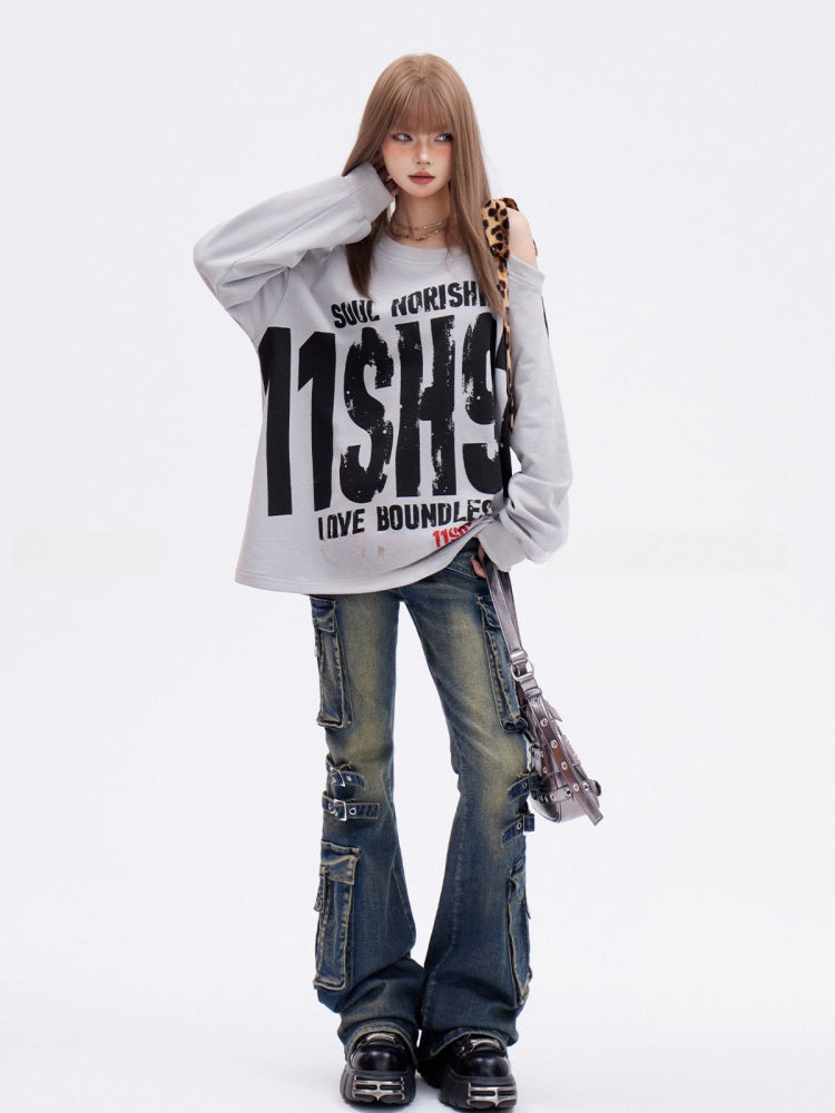 Grauer asymmetrischer Ausschnitt Leopard Glamouröses Sweatshirt Buchstabendruck Riemen