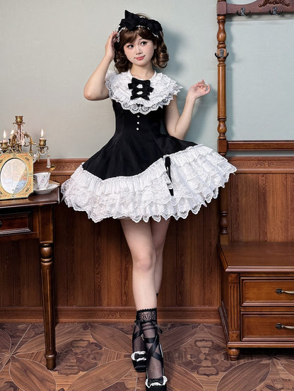 Black Neck Dress White Lolita Ruffle Fit Hem Striped Waist Layered with Sleeveless Fabric Slim and
