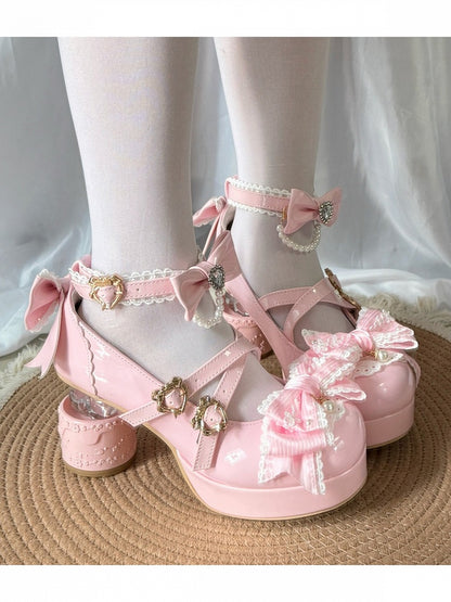 Transparent Moon Heel Lolita Shoes with Bow and Heart Buckles - Pu Yue Meng