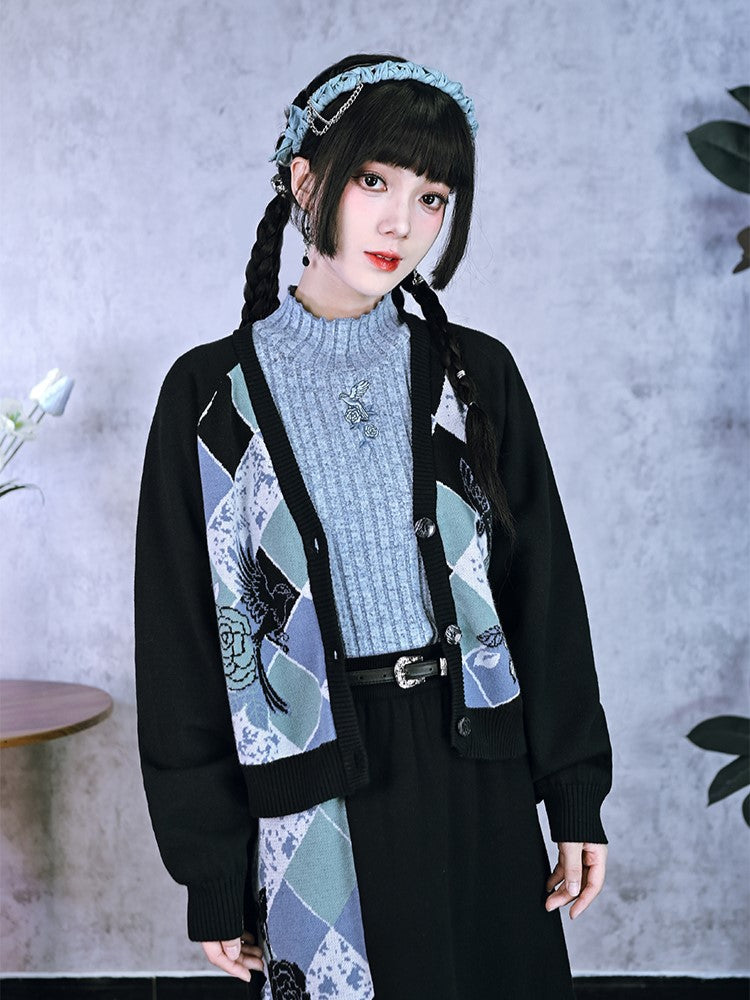 Camellia Blue Double-Layer Top Fitted Cheongsam with Hem Oriole Embroidery