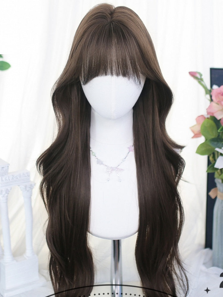 65-70cm Wigs Brown Bangs Wavy Long With Air