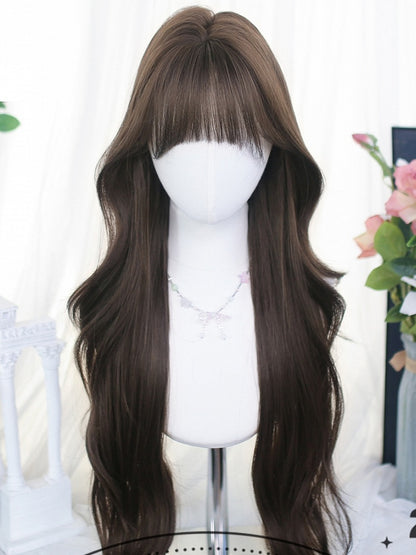 65-70cm Wigs Brown Bangs Wavy Long With Air