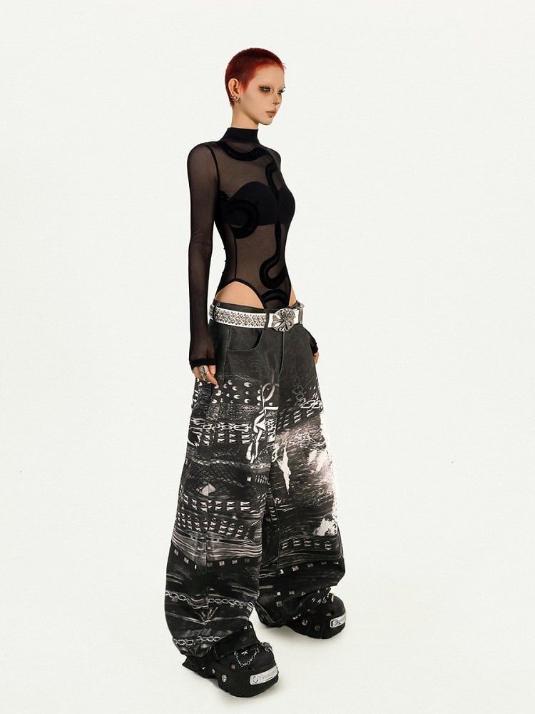 Black Punk Sheer Long Sleeve Top with Snake Pattern Decoration