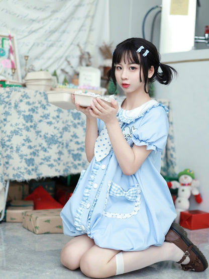 Blue Peter Pan Collar Whale Pattern  Bowknots Bubble Skirt Dress