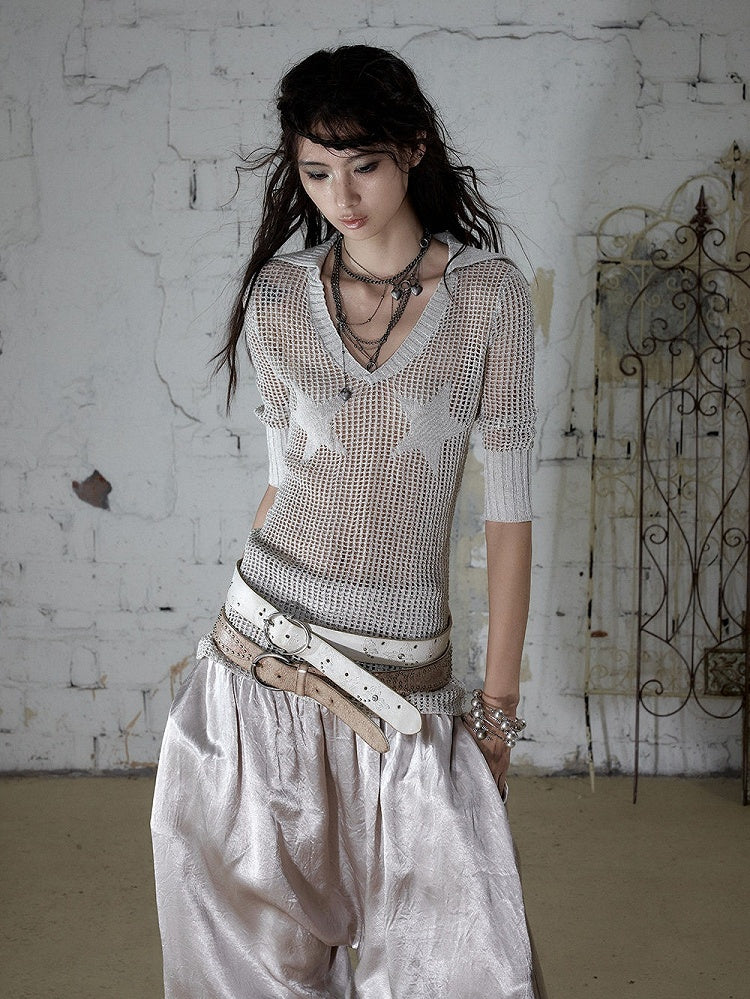 Off-White Star Pattern V-Neck Knit Top Hollow Out - NO ROMANCE