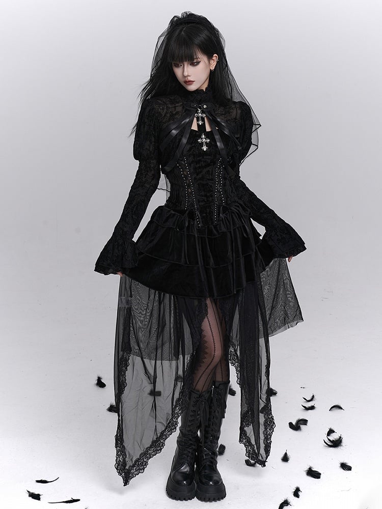 Halloween Black Sleeves Shrug Dangling with Ribbons Gothic Juliette Embroidery Floral