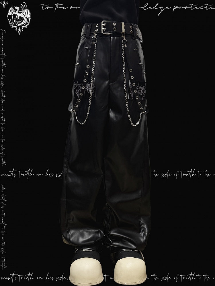Black Pants Cut Letter Straight-leg Applique Punk