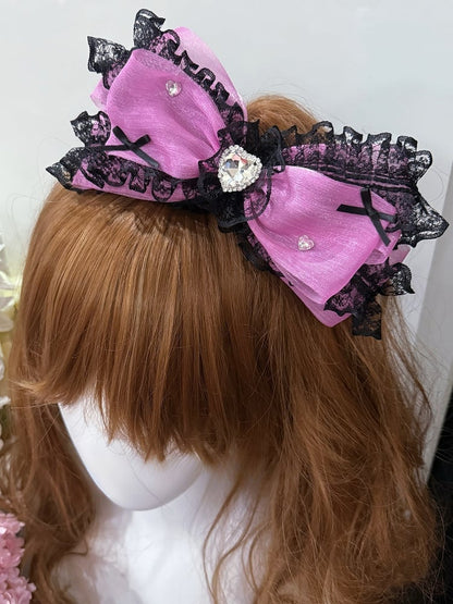 Lace Black/Purple Decorated Hairclip Rhinestone Bowknot Trim