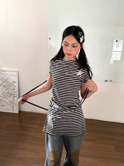 Dress Asymmetrical Collar Sleeve Detail Patchwork and Striped Short with Star