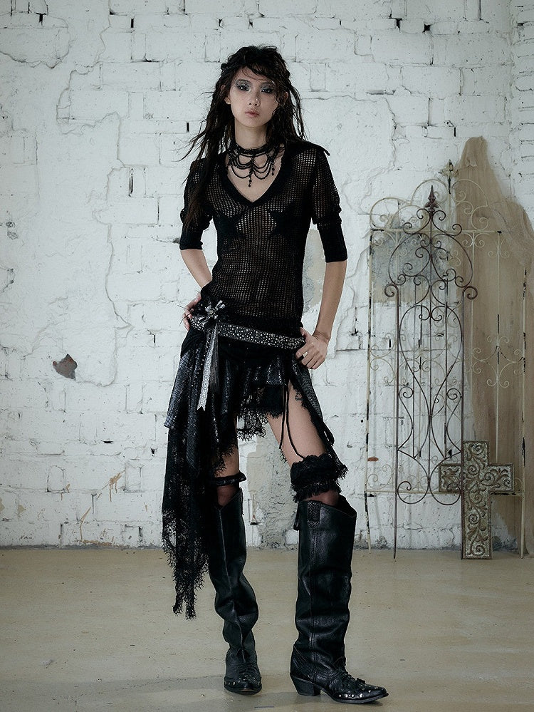 Black Star Pattern V-Neck Knit Top Hollow Out Punk - NO ROMANCE
