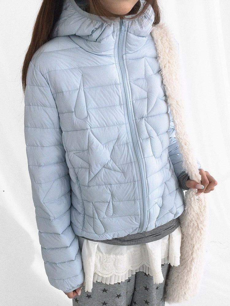 Teardrop Pattern Zipper Jacket with Blue Front Down Hooded - Star Ribbed