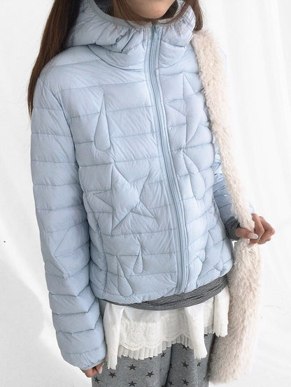 Teardrop Pattern Zipper Jacket with Blue Front Down Hooded - Star Ribbed