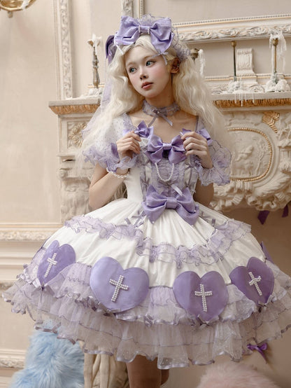 White and Purple Sweetheart Applique Old School Lolita Dress Valentine's Day Fluffy Dress