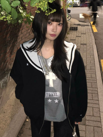 Star Collar Front with Black Sailor White Jacket Zipper - Patches Heart