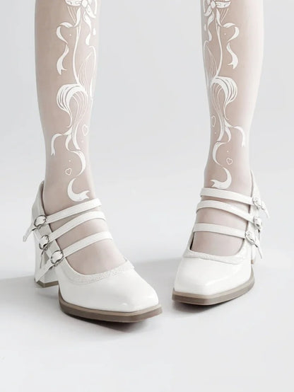 Toe with Buckles Snakeskin PU Shoes White Gothic Pattern 3 Square