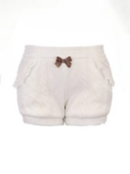 Brown Detail Lace-Trimmed With Shorts Knit Pocket Fleece Bow White