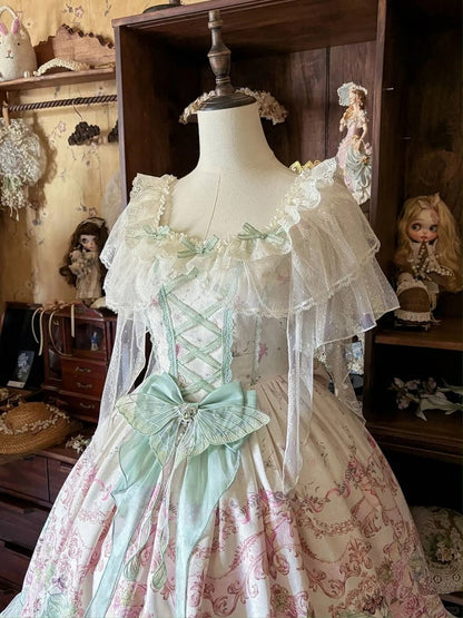 Floral Square Dress Lolita Elegant Moth Green and with Details Neckline Lace Pink Print