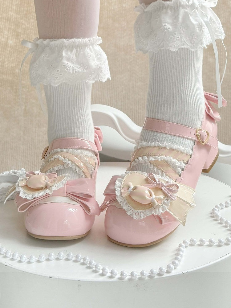 Bows Accents Pink Jane PU Light Mary Sweet Shoes with