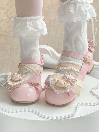 Bows Accents Pink Jane PU Light Mary Sweet Shoes with