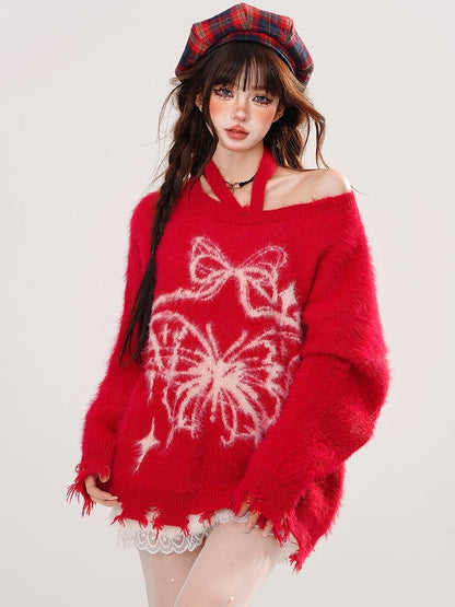 Rot/Grüne Schleife und Schmetterling Neckholder Mohair Weicher Pullover Distressed Trim