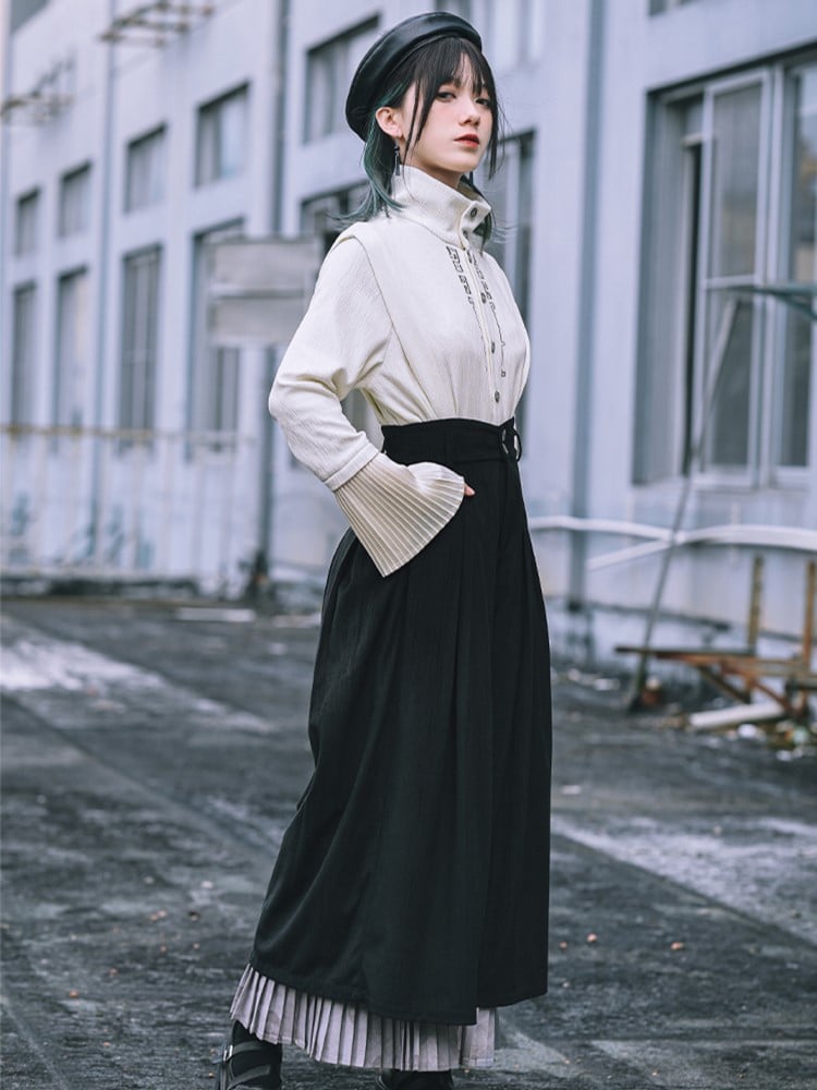 Black Pants with Regular/Thicken Cheongsam Gothic Hem Pleated Gray Wide-Leg