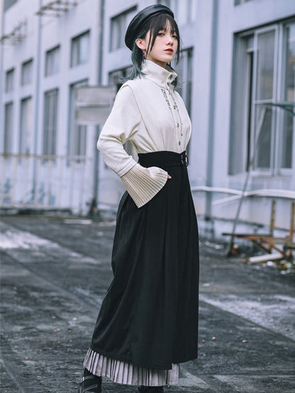 Black Pants with Regular/Thicken Cheongsam Gothic Hem Pleated Gray Wide-Leg