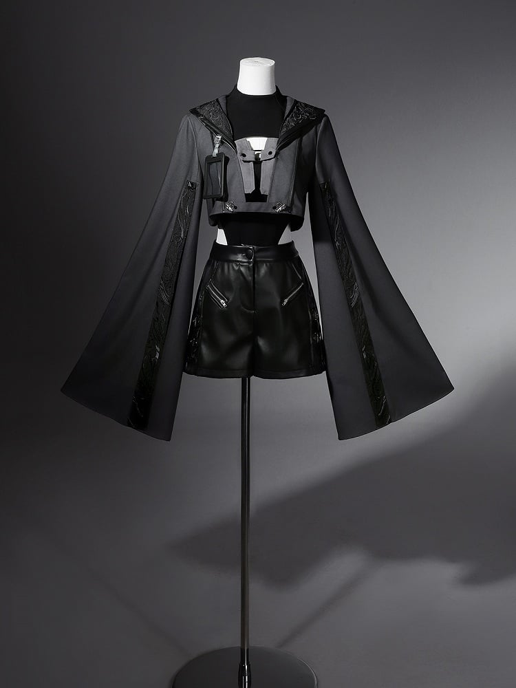 - Size XL Shorts Bodysuit Outfit Ouji Jacket Techwear Black Overlong + Exclusive Sleeves Cropped Leather Lolita Futuristic