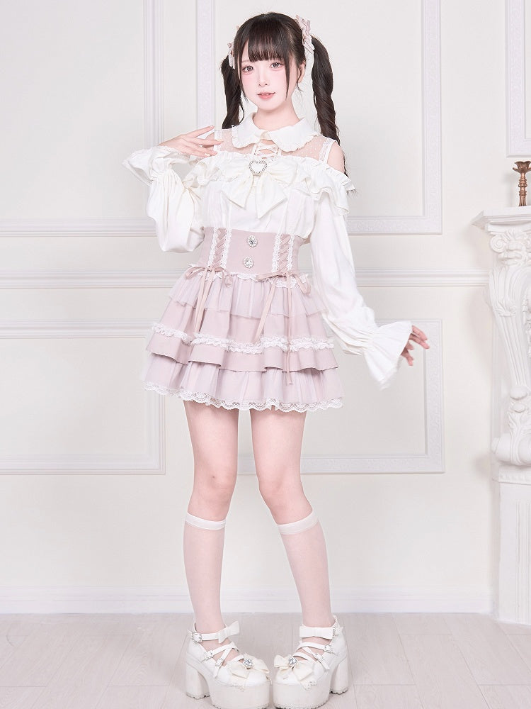 Kei Bluse Ärmel Kalte Schulter Ausschnitt Weiß Lang mit Jirai Illusion Top