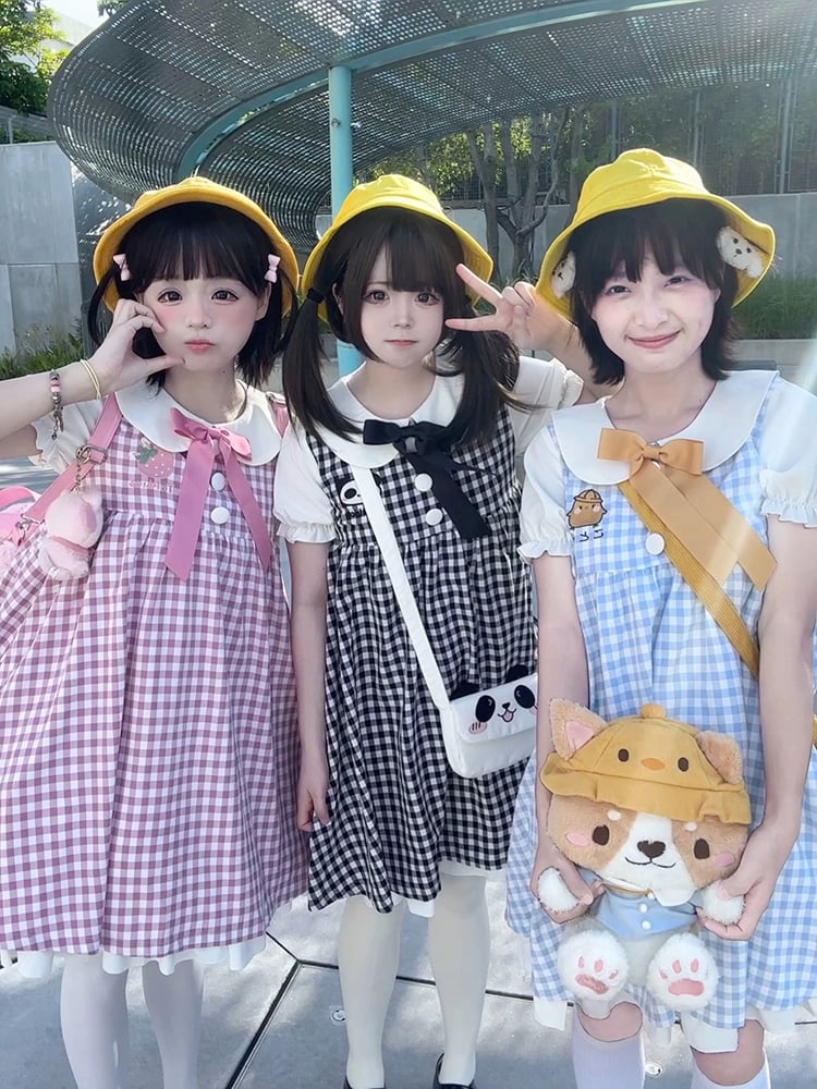 Blue Little Chicken Peter Pan Collar Plaid Short Puff Sleeves Dress