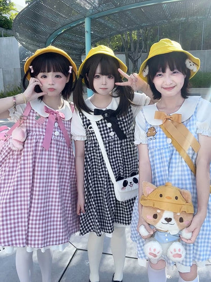 Blue Little Chicken Peter Pan Collar Plaid Short Puff Sleeves Dress