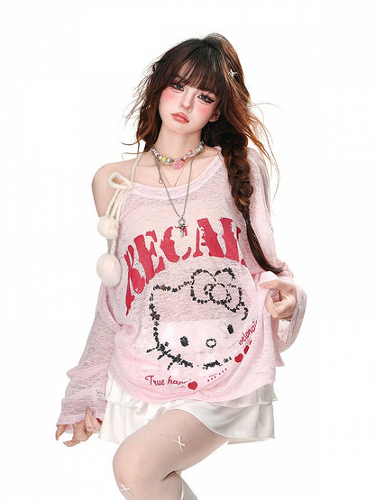 Halbtransparentes Sonnenschutz-Top mit Kätzchen-Print und Pompon-Akzenten in Rosa/Weiß mit asymmetrischem Ausschnitt