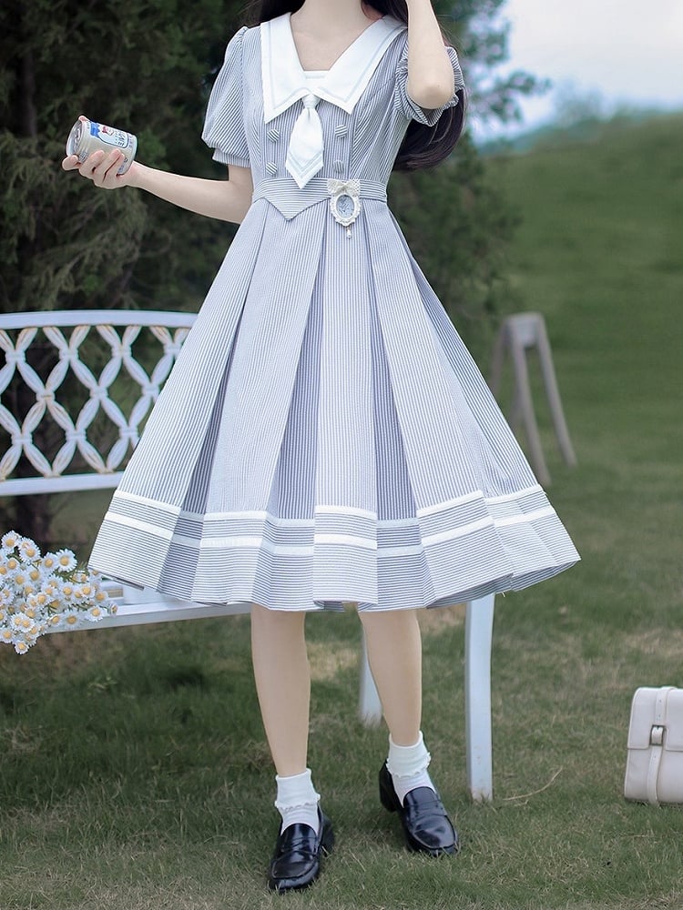 Weiß Gestreiften und Kleid Sommer Ärmeln Taille Puff Blau Gürtel mit