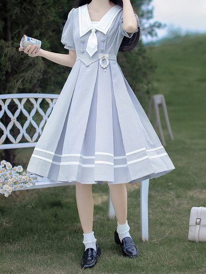 Weiß Gestreiften und Kleid Sommer Ärmeln Taille Puff Blau Gürtel mit