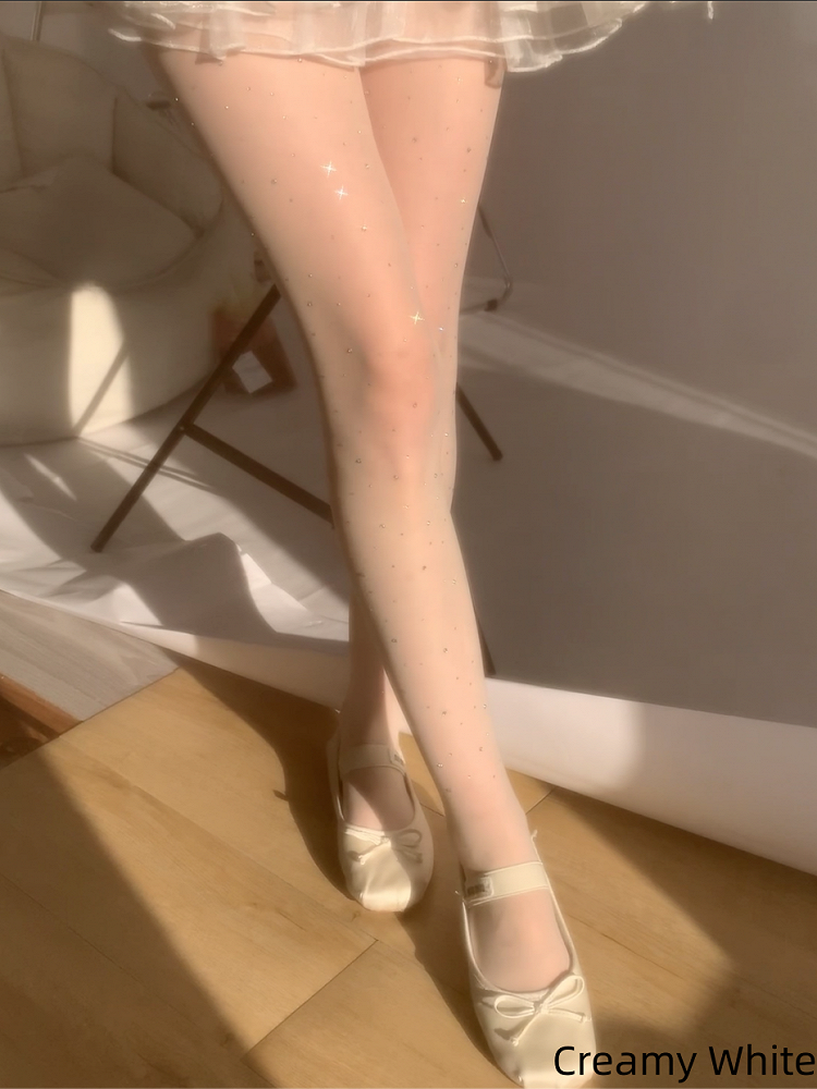 Nude/Cream Rhinestone Tights Details Sheer Sparkling White
