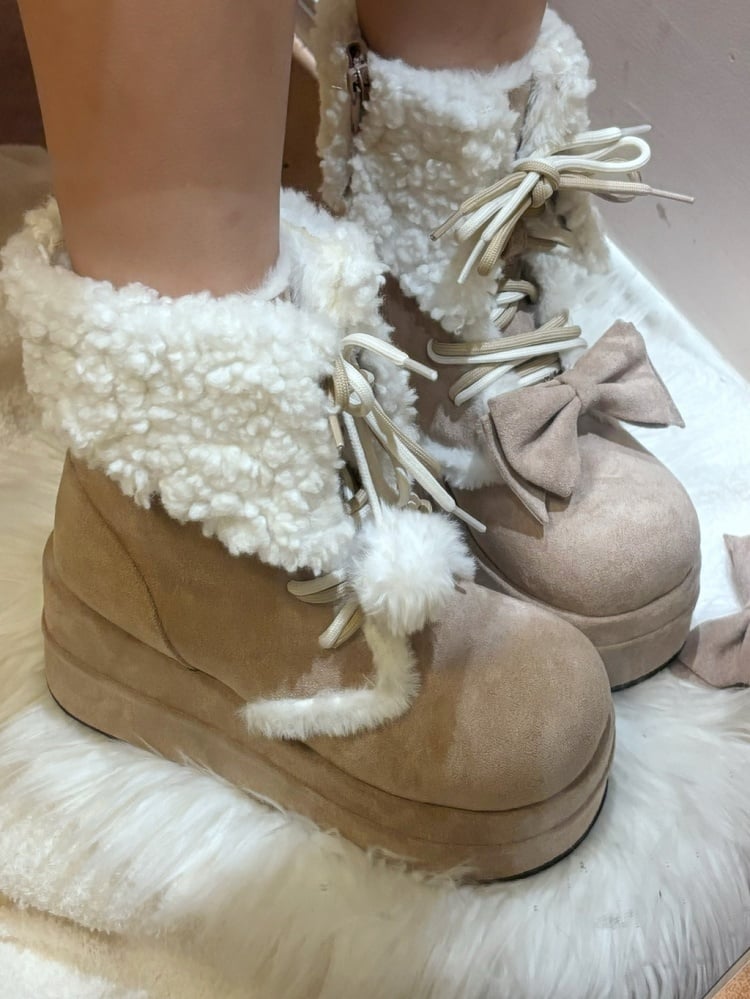 Khaki Bow Accent Fleece Lined Platform Winter Boots