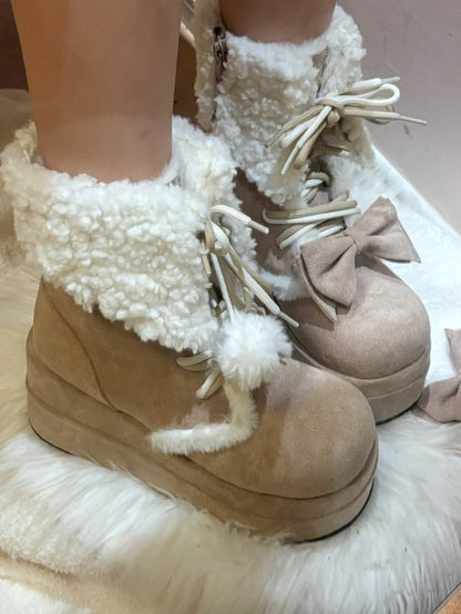 Khaki Bow Accent Fleece Lined Platform Winter Boots