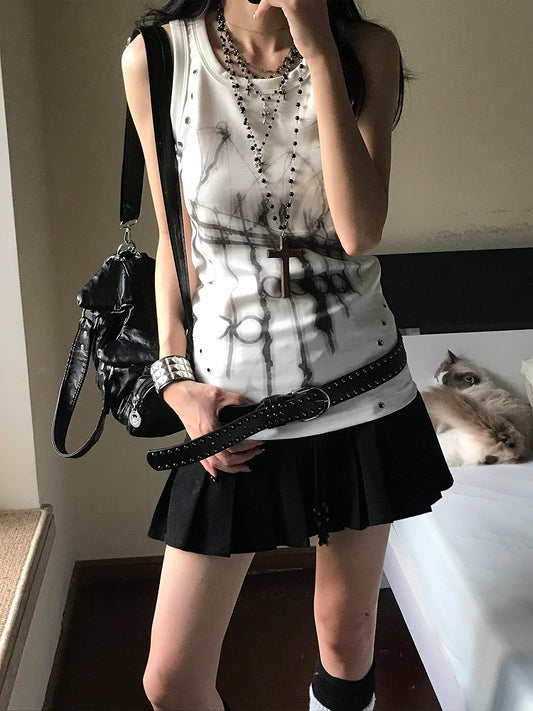 Subcultural Sleeveless Top White Deocr Metal Eyelet Print with