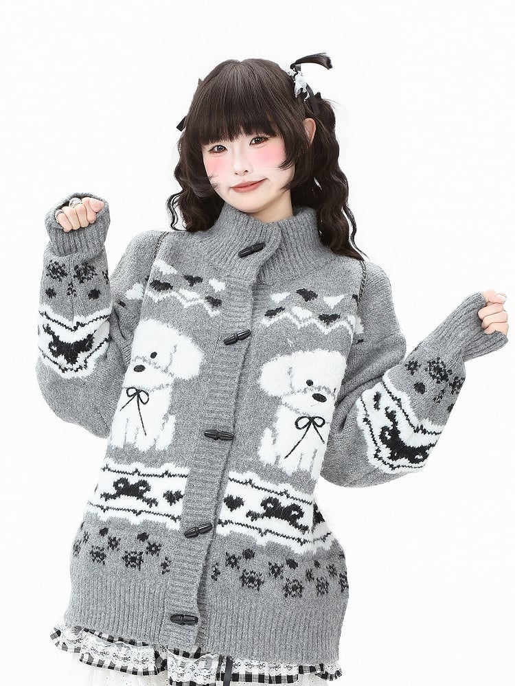 Brown/Grey with Toggle Pattern Buttons Daily Puppy Cardigan Coffee Kawaii