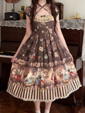 Coffee Brown Halter Lolita OP Dress with Popcorn Bear Print, Long/Short Version - Sweet Dream