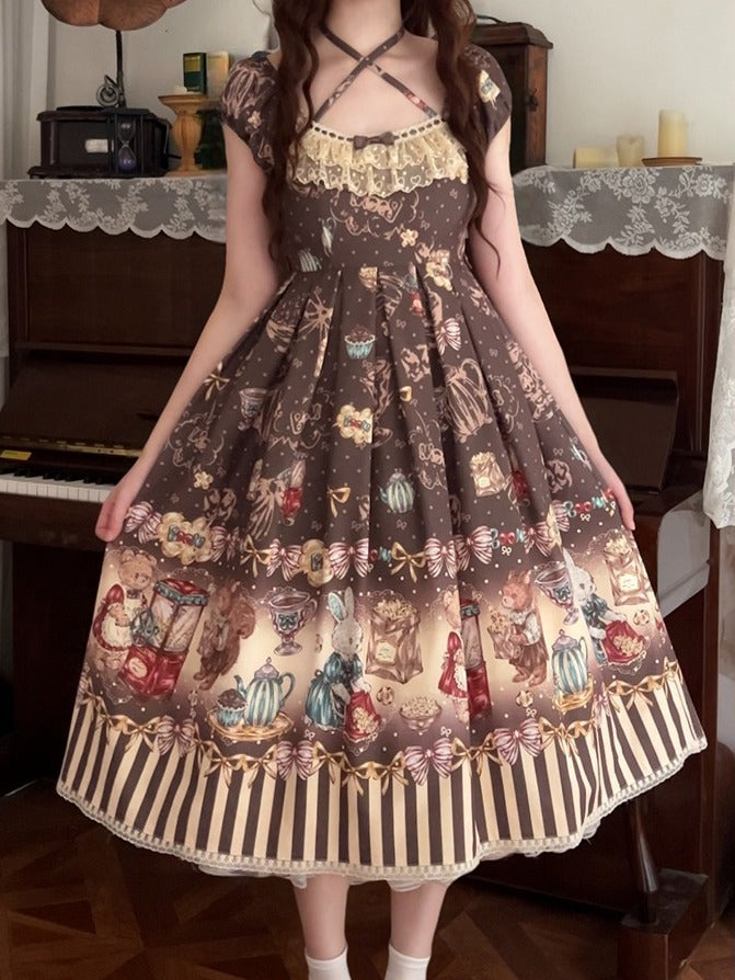 Coffee Brown Halter Lolita OP Dress with Popcorn Bear Print, Long/Short Version - Sweet Dream