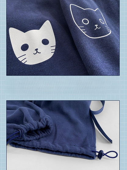 Drawstring and Cat Blue with Navy Pattern Bow Accents Sweatpants Waist