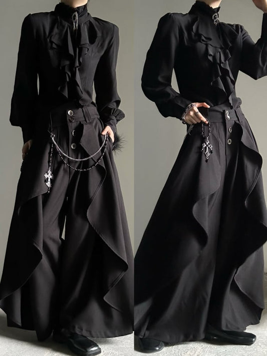 Lolita Ouji Skirt Waist Black Design with Asymmetrical Wide-Leg Pants