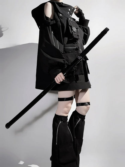 Black Shorts Techwear Jacket Leg + Open Outfit Windbreaker Shoulders Futuristic Warmers -