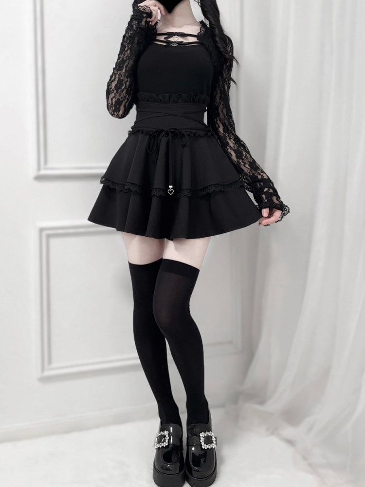 Ruffled High Tie and Black/Dusty Design Detail Pink/White in Corset Waist Skirt Double-Layer