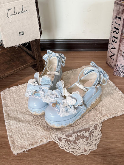 Blue White Rabbit Bowknot Heart Lace Lolita Shoes - Cheese Mango