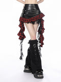 Red Plaid Mini Skirt with Black Faux Leather Panel and Cascading Lace Trim
