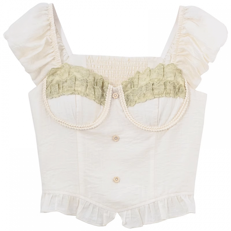 アプリコットのスウィートハートネックラインのパフスリーブのスイートトップス