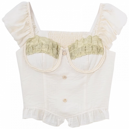 アプリコットのスウィートハートネックラインのパフスリーブのスイートトップス