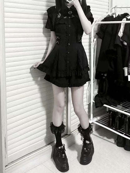 Black Buckles Matching Two-Piece Adjustable Kei Neckline Shorts Dress Waist Jirai Set: with Illusion